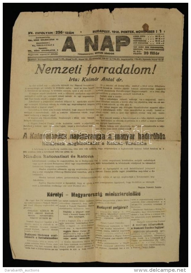1919 A Nap C. újság November 1-i Száma Az Å‘szirózsás Forradalom... - Non Classés