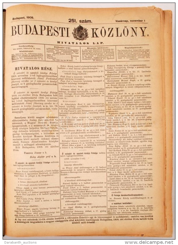 1908 A Budapesti Közlöny Hivatalos Lap Novemberi és Decemberi Számai Bekötve,... - Non Classés