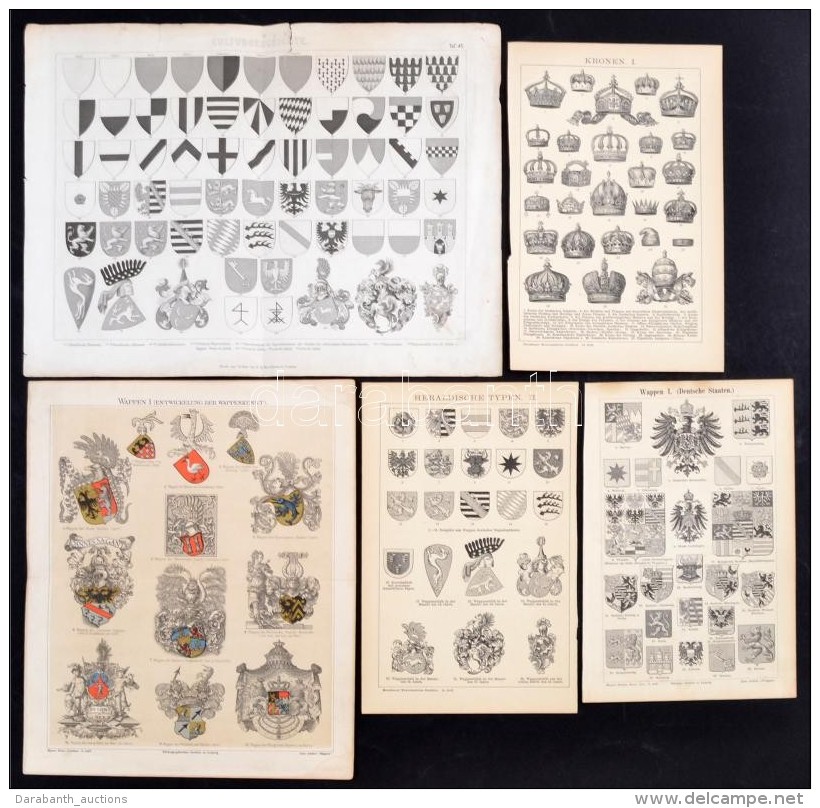 Cca 1890 5 Db Részben Színes, Címereket ábrázoló Nyomat, Fametszet / Coat... - Unclassified