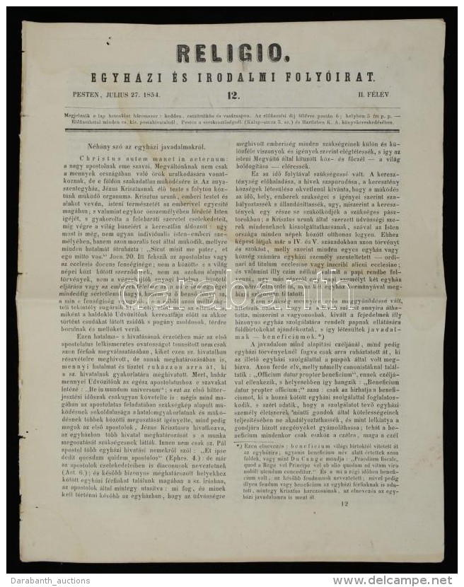 1854 A Religio Egyházi és Irodalmi Folyóirat 2. Félév 12. Lapszáma - Ohne Zuordnung