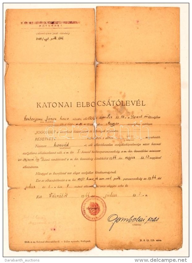 1944 Katonai Elbocsájtólevél Megviselt állapotban - Other & Unclassified