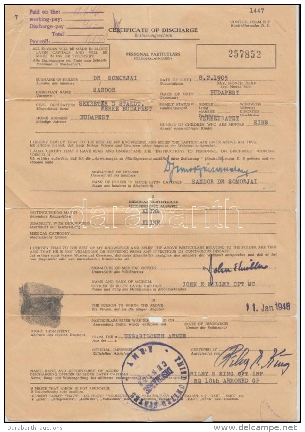 Cca 1945 Amerikai Elbocsátólevél Magyar Hadifogoly Részére - Other & Unclassified