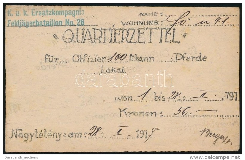 1917 'Quartierzettel' Szállásutalvány, K.u.K. Ersatzkompagnie, Nagytétény,... - Autres & Non Classés