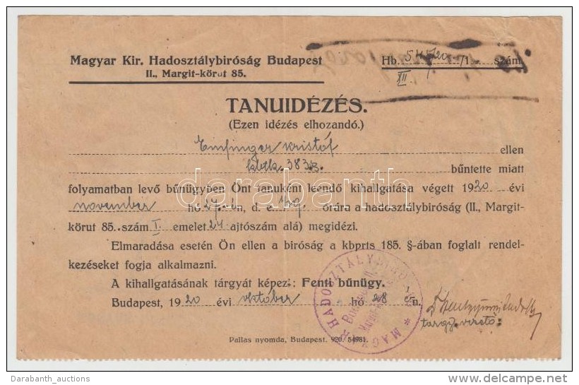 1920 A Magyar Királyi Hadosztálybíróság Tanúidézése... - Autres & Non Classés