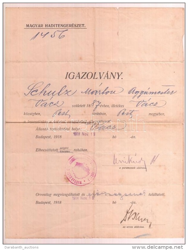 1918 Magyar Haditengerészeti Igazolás Leszerelt ágyúmester Részére A... - Other & Unclassified