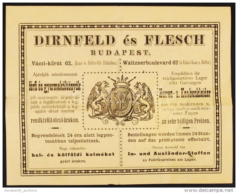 1888 Bp., V. Dirnfeld és Flesch Férfi és Gyermeköltöny Raktár Reklámos... - Publicidad