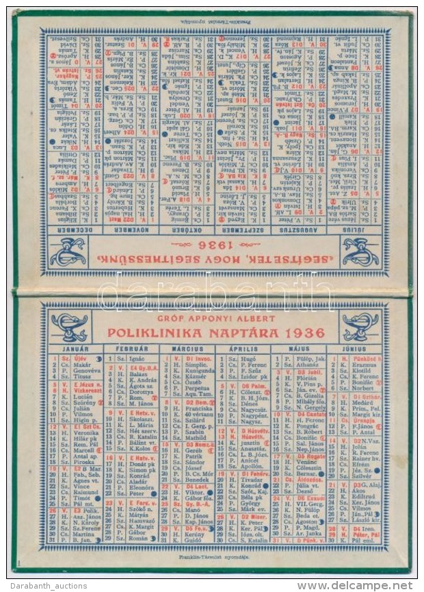 1936 Gróf Apponyi Albert Poliklinika Kihajtható Kártyanaptára - Publicidad