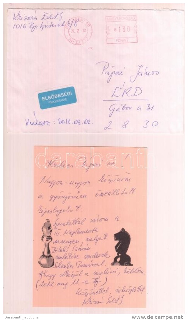2012 Krizsán Edit Sakkozó Saját Kézzel írt Levele, Borítékkal - Autres & Non Classés