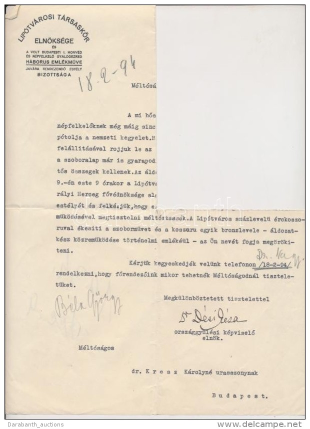 Cca 1940 A Lipótvárosi Társaskör Háborús Emlék... - Otros & Sin Clasificación