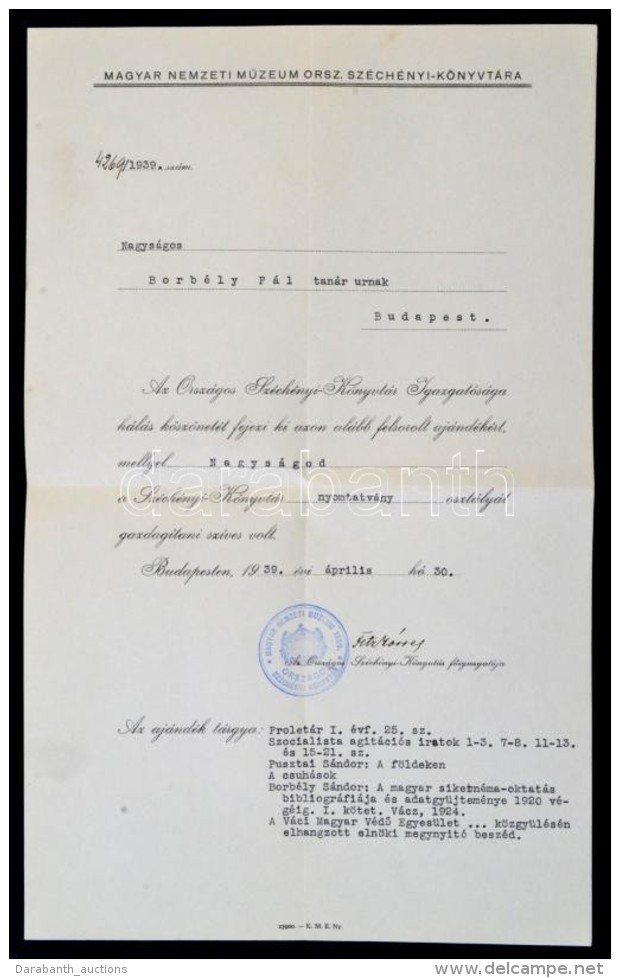 1939 Bp., A Magyar Nemzeti Múzeum Országos Széchenyi-Könyvtárának... - Sin Clasificación