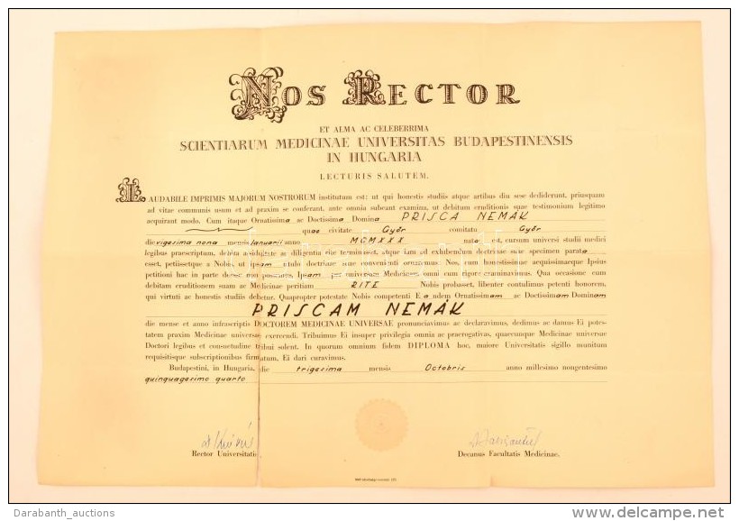 1954 Orvosi Diploma Szakadással - Non Classés