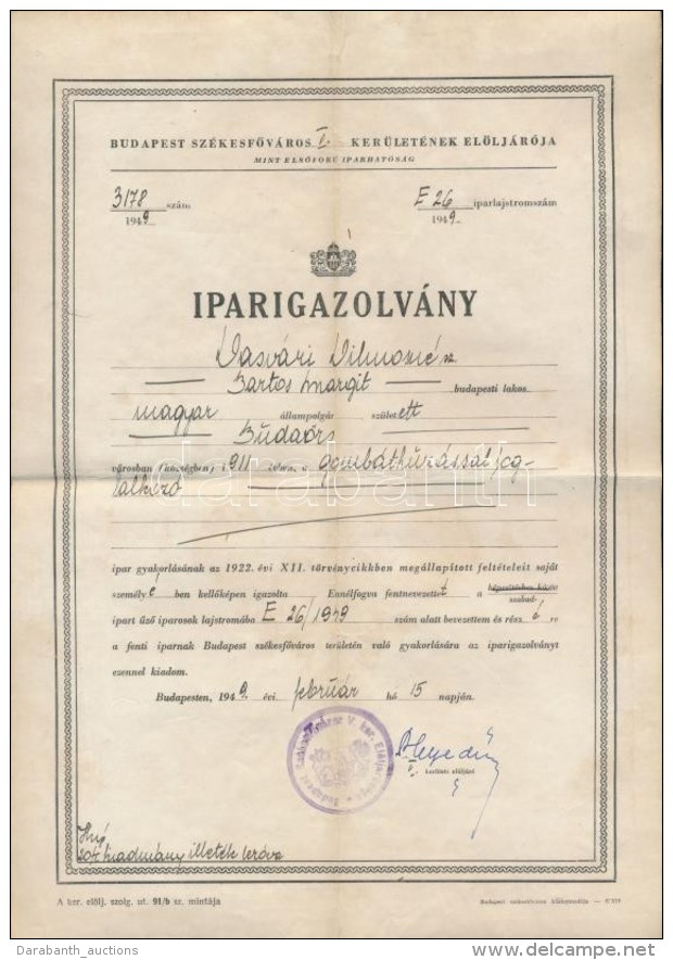 1949 Bp., Iparigazolvány Gombáthúzó Részére, Vászonra... - Non Classés