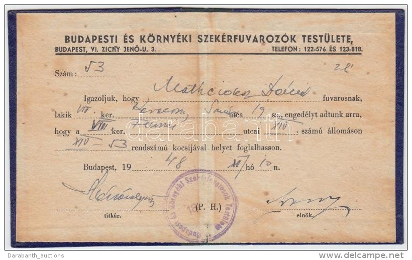 1948 Bp., A Budapesti és Környéki Szekérfuvarozók Testülete által... - Non Classés
