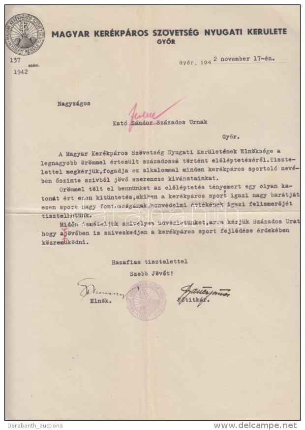 1942 GyÅ‘r, A Magyar Kerékpáros Szövetség Nyugati Kerülete által... - Non Classés