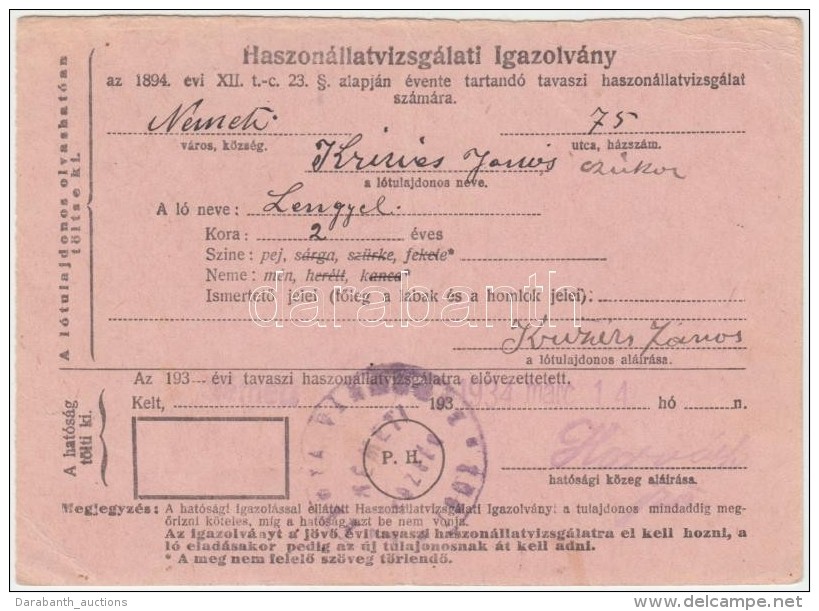 1934 Haszonállatvizsgálati Igazolvány, 2 éves Lengyel NevÅ± Lóról... - Sin Clasificación