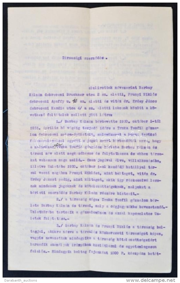 1931 Debreceni Lakosok Között Létrejött Társasági SzerzÅ‘dés GÅ‘zmalom... - Sin Clasificación