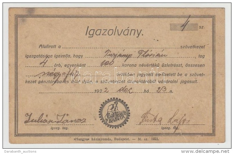 1922 Hangya Szövetkezeti Igazolvány - Sin Clasificación