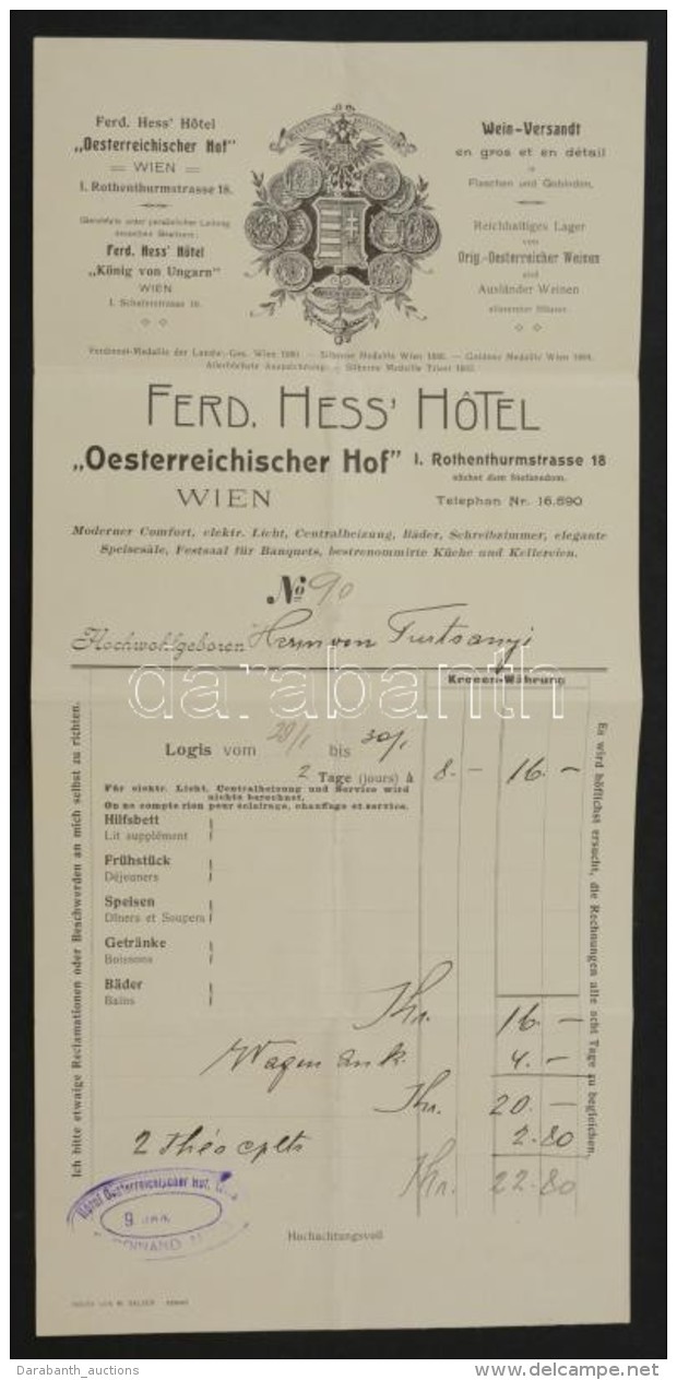 Cca 1900 Wien(Bécs), A Ferd. Hess' Hotel 'Oesterreichischer Hof' Díszes Fejléces... - Non Classés