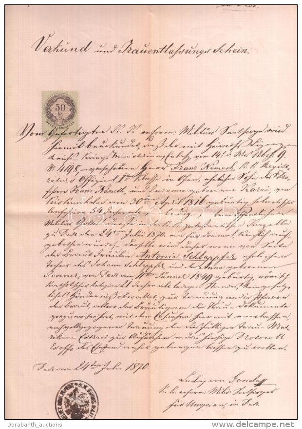 1870 50kr Okmánybélyeg Okiraton - Ohne Zuordnung