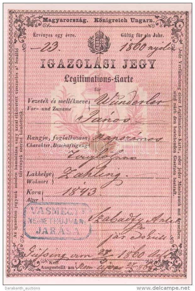 1868 Magyar Királyság által Kiállított Igazolási Jegy, Rajta Vas Megye... - Sin Clasificación