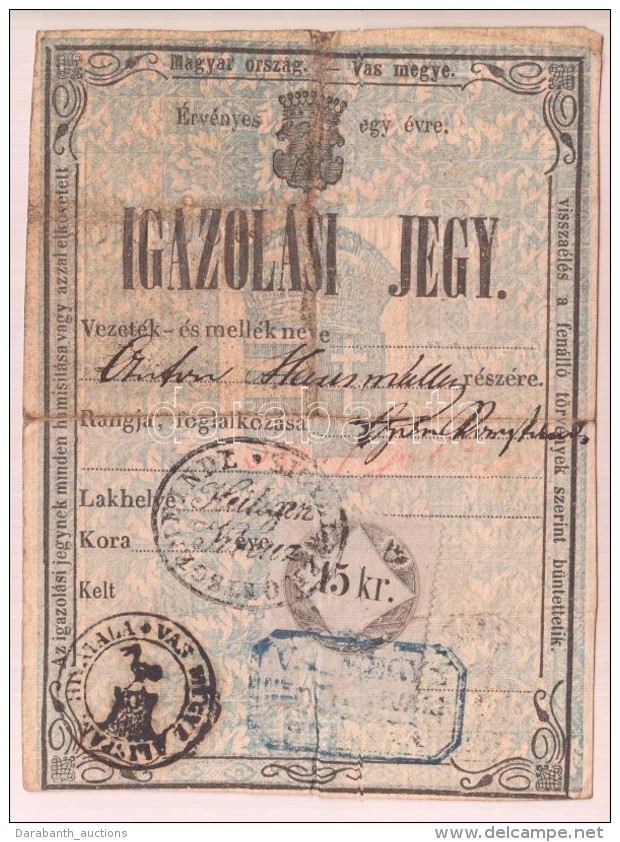 1862 Német és Magyar NyelvÅ± Igazolási Jegy Vas Megye Címerével, Heiligenkreuz... - Unclassified