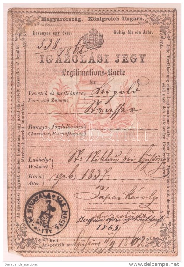 1862 Magyar Királyság által Kiállított Igazolási Jegy, Rajta Vas Megye... - Unclassified