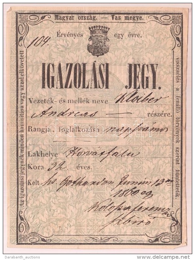 1861 Német és Magyar NyelvÅ± Igazolási Jegy Vas Megye Címerével - Non Classés