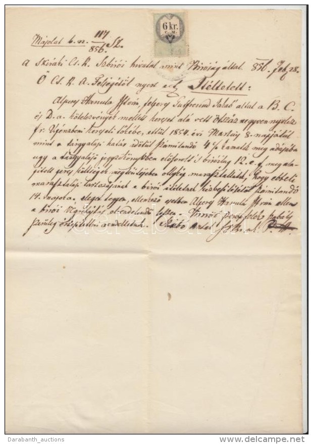 1856 Bírósági ítélet Másolata, 6 Kr Okmánybélyeggel - Sin Clasificación