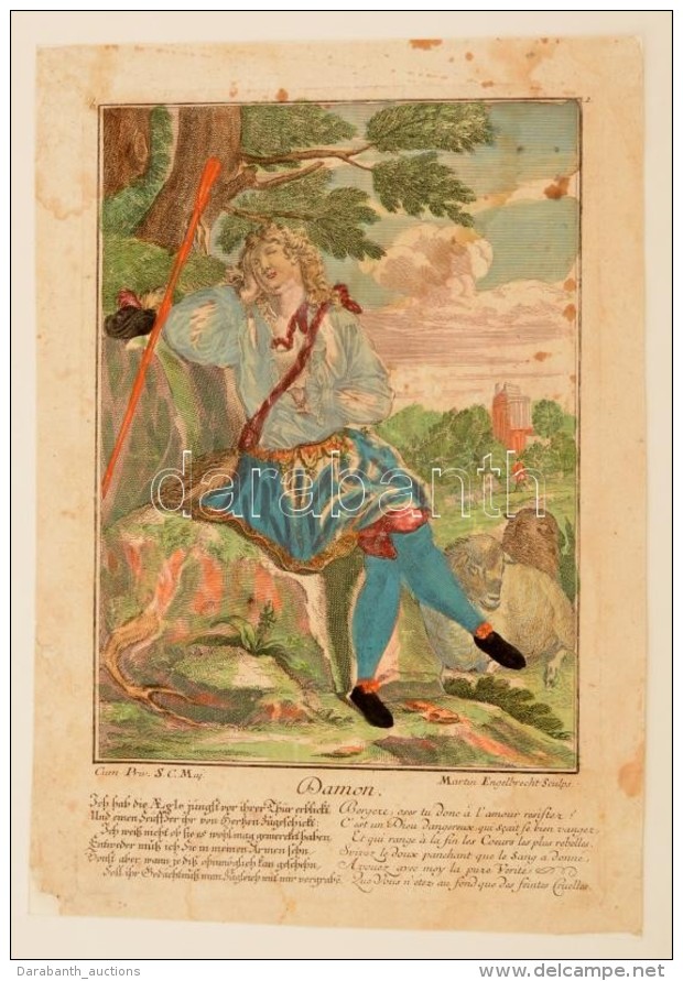 Martin Engelbrecht (cca 1700-1756): Damon, Színezett Metszet, Restaurált, 30x19 Cm - Estampes & Gravures