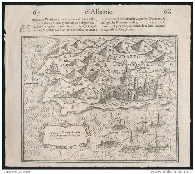 1588 Sebastian Münster: Durazzo, Albánia / Albania Cosmographia Universalis. Fametszet / Wood Engraving... - Stiche & Gravuren