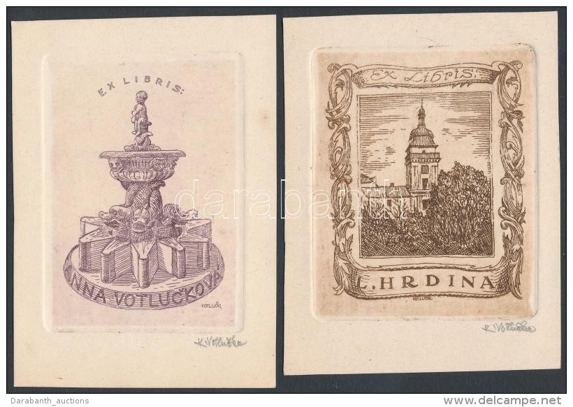 Karel Votlucka (1896-?):2 Db Ex Libris Anna Votlucka, L Hrdina. Rézkarc, Papír, Jelzett, 9&times;7... - Other & Unclassified