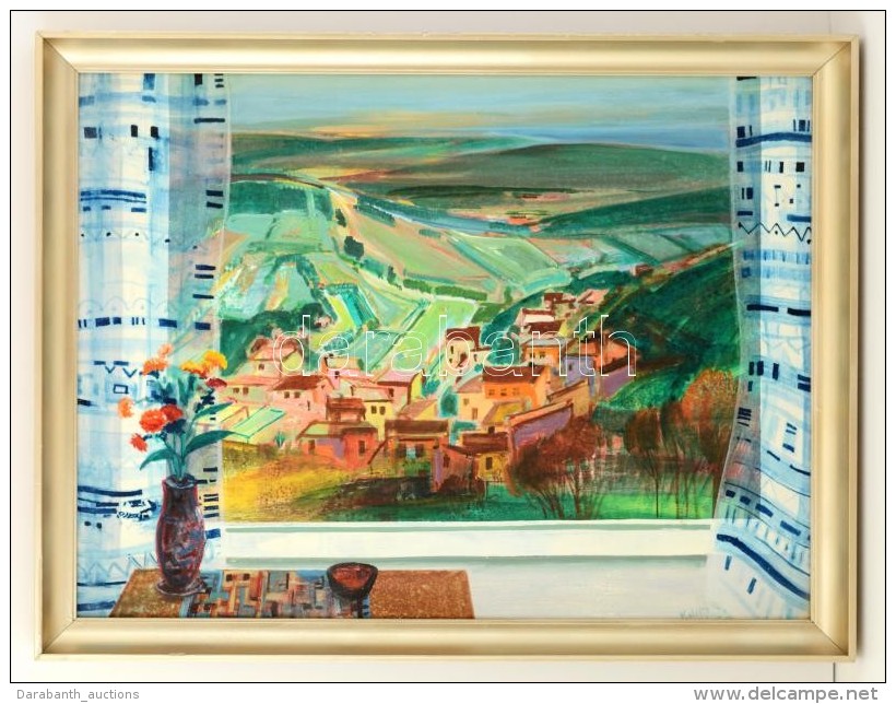 Keleti JenÅ‘ (1920-1998): Ablak Tájjal. Olaj, Farost, Jelzett, Keretben, 60&times;80 Cm - Otros & Sin Clasificación