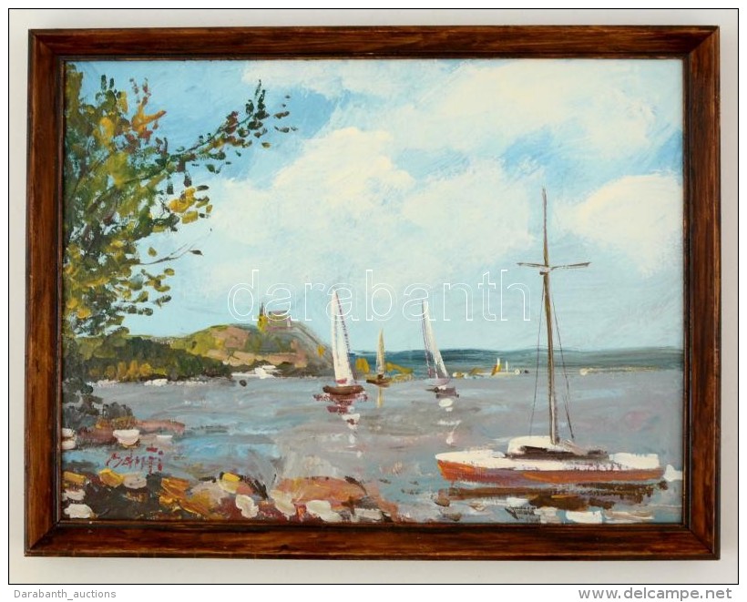 Bánfi Jelzéssel: Vitorlások Tihanynál. Olaj, Karton, Keretben, 33&times;43 Cm - Altri & Non Classificati