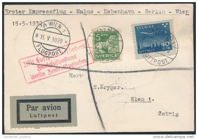 1930 ElsÅ‘ Repülés Levél Malmö - Koppenhága - Berlin - Wien - Autres & Non Classés