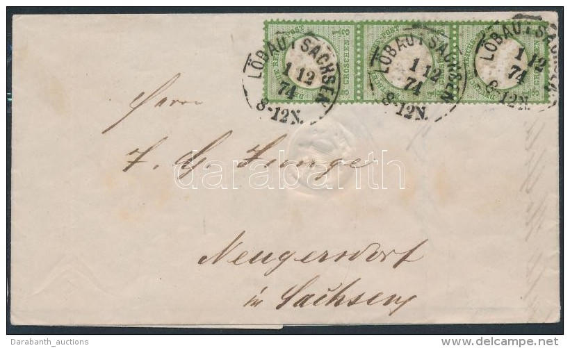 1874 Mi 17b Hármascsík / Stripe Of 3 Levélen / On Cover 'LÖBAU I. SACHSEN' - Sonstige & Ohne Zuordnung