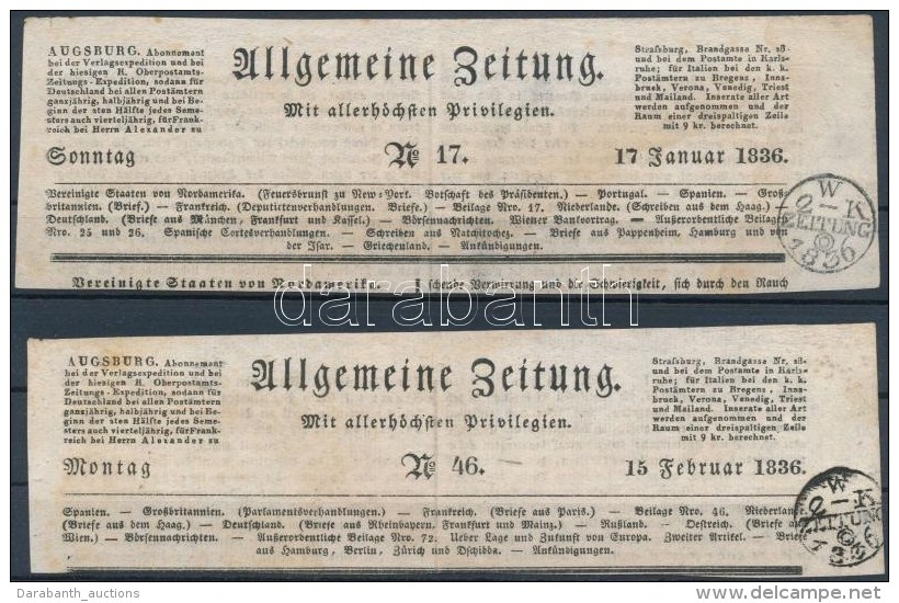 1836 2 Db  Allgemeine Zeitung Augsburgi újság Kivágás 2-K Osztrák Hírlap... - Sonstige & Ohne Zuordnung