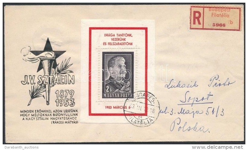 1953 Sztálin-gyászblokk Ajánlott Alkalmi Levélen Lengyelországba - Autres & Non Classés