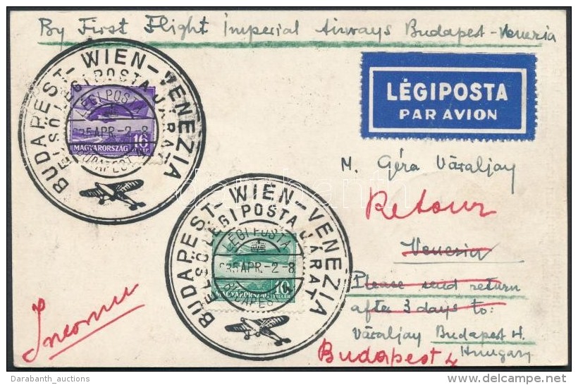 1935 Budapest-Wien-Venezia ElsÅ‘ Repülés LevelezÅ‘lap Olaszországba, Visszküldve / First... - Otros & Sin Clasificación