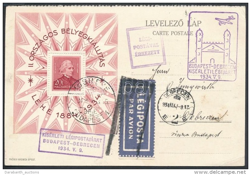 1934 LEHE Blokk Alkalmi Légi LevelezÅ‘lapon / Mi Block 1 On Special Airmail Card Budapest - Debrecen - Autres & Non Classés