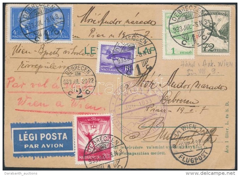 1933 Légi LevelezÅ‘lap 5 SzínÅ± Bérmentesítéssel / Airmail Postcard With 5... - Otros & Sin Clasificación