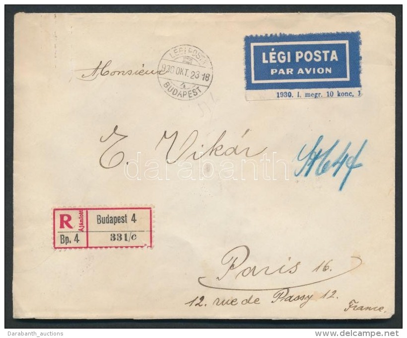 1930 Ajánlott Légi Levél Párizsba / Registered Airmail Cover To Paris - Autres & Non Classés