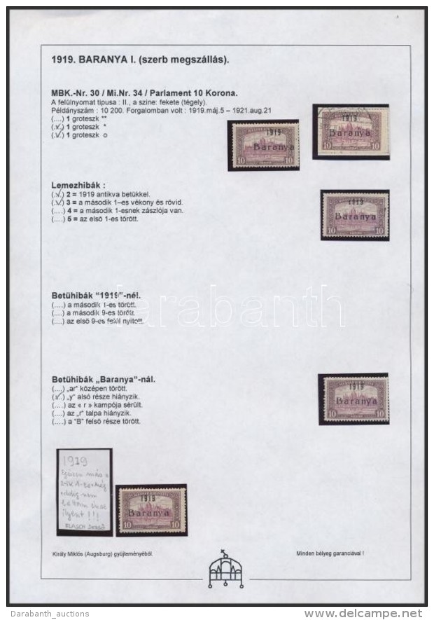 (*) * Baranya I. 1919 5 Db Parlament 10K, Közte Antikva, Lemezhibák, Minden érték Bodor... - Andere & Zonder Classificatie