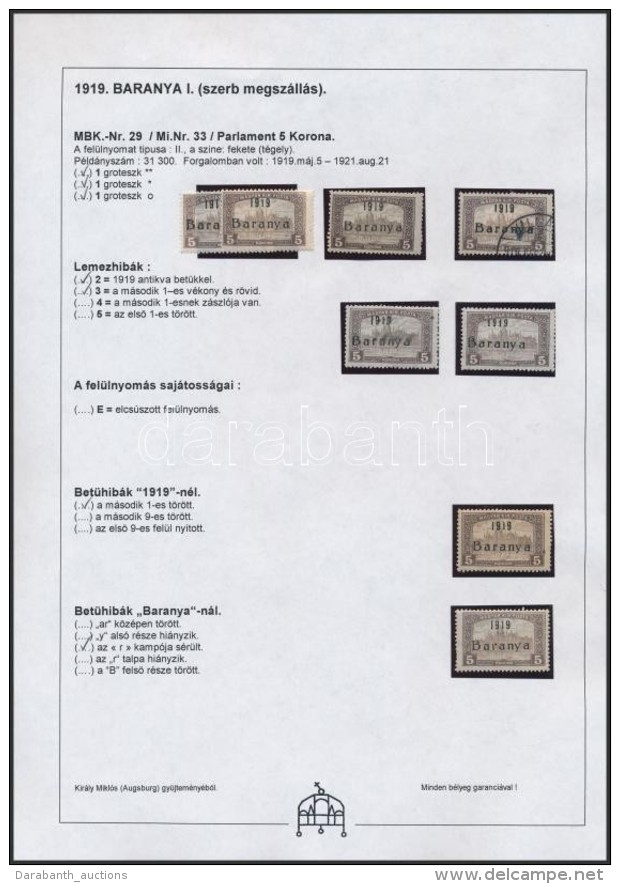 ** * O Baranya I. 1919 8 Db Parlament 5K, Közte Antikva, Lemezhibák, Minden érték Bodor... - Otros & Sin Clasificación