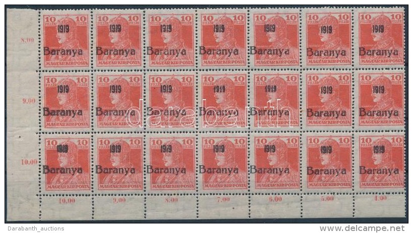 ** Baranya I 1919 Károly 10f ívsarki 21-es Tömb, Benne 2 Db Antikva / Block Of 21 With 2 Antigua... - Andere & Zonder Classificatie