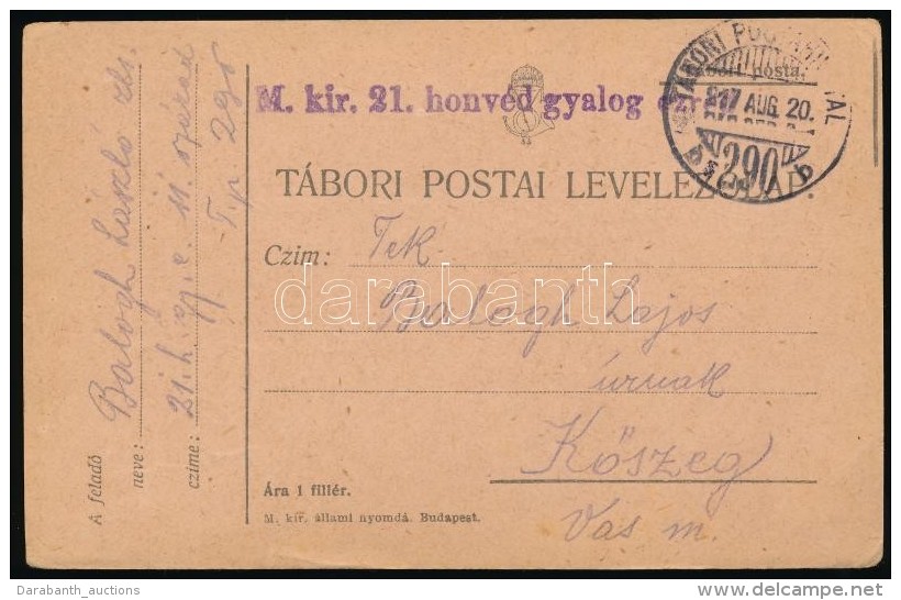 1917 Tábori Posta LevelezÅ‘lap 'M.kir. 21. Honvéd Gyalog Ezred' + 'TP 290 B' - Autres & Non Classés