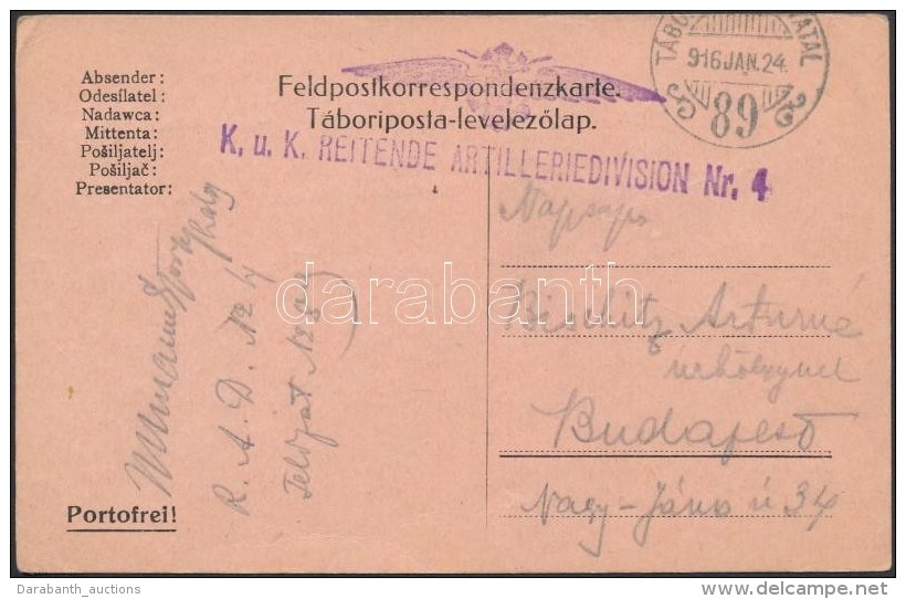 1916 Tábori Posta LevelezÅ‘lap 'K.u.k. REITENDE ARTILLERIEDIVISION Nr.4.' + 'TP 89' - Sonstige & Ohne Zuordnung