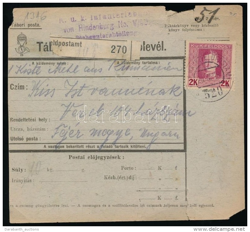 1916 Tábori Posta Szállítólevél 'K.u.K. Infanteriebaom Von Hindenburg No. V/60'... - Other & Unclassified