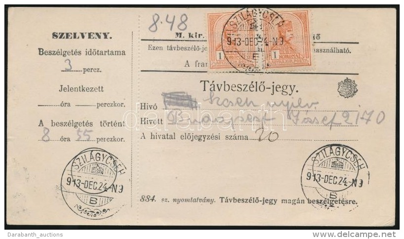 1913 TávbeszélÅ‘ Jegy 2x1K Turul Bérmentesítéssel 'SZILÁGYCSEH' - Autres & Non Classés