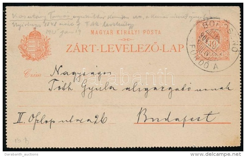 1904 Zárt Díjjegyes LevelezÅ‘lap 'BOROSZNÓ / FÜRDÅ' - Budapest - Autres & Non Classés
