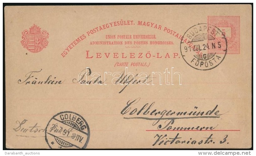 1891 5kr Díjjegyes LevelezÅ‘lap 'BUDAPEST/ FÅPOSTA' - 'COLBERG' - Autres & Non Classés